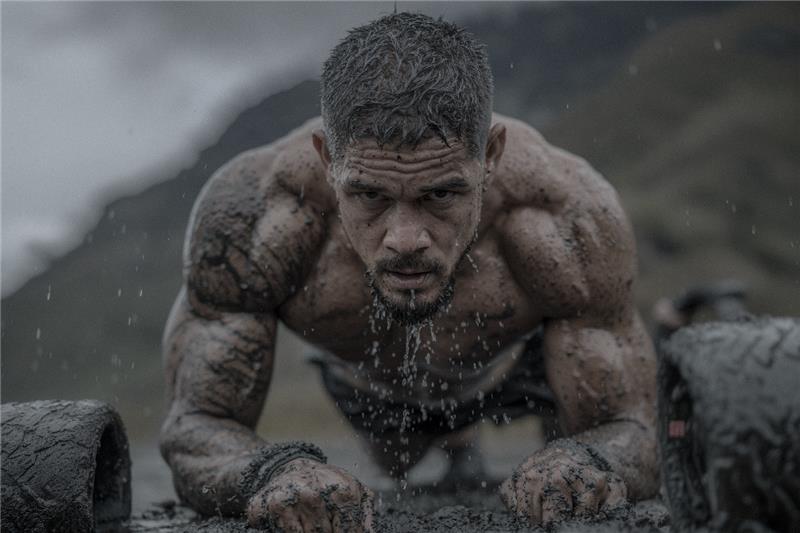 An image of a man coruching down in mud and rain.