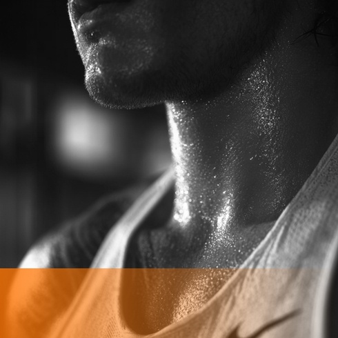 Close-up of a sweat-covered man's neck and jaw after a workout