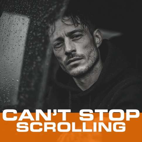 Man looking out from a car window with text reading CAN’T STOP SCROLLING