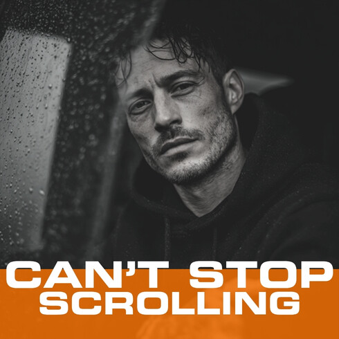Man looking out from a car window with text reading CAN’T STOP SCROLLING