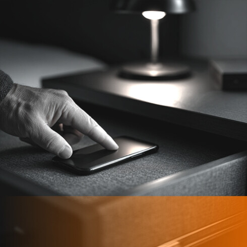 Hand tapping a phone on a bedside table at night