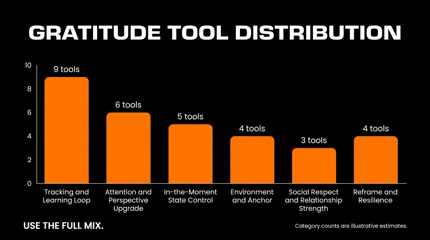 Bar chart comparing the six behaviour change categories in the MenTools Gratitude Protocol by number of tools in each category: Tracking and Learning Loop, Attention and Perspective Upgrade, In-the-Moment State Control, Environment and Anchor, Social Respect and Relationship Strength, Reframe and Resilience