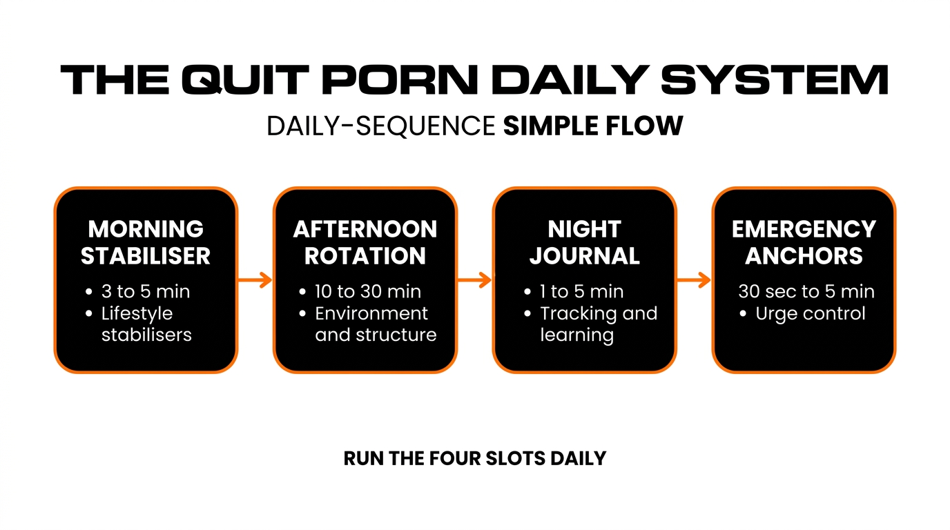 Infographic showing the four daily slots of the MenTools Quit Porn Protocol: morning stabiliser meditation, afternoon rotation action, night stabiliser journal, and emergency anchors menu, with time estimates and behaviour change categories for each slot