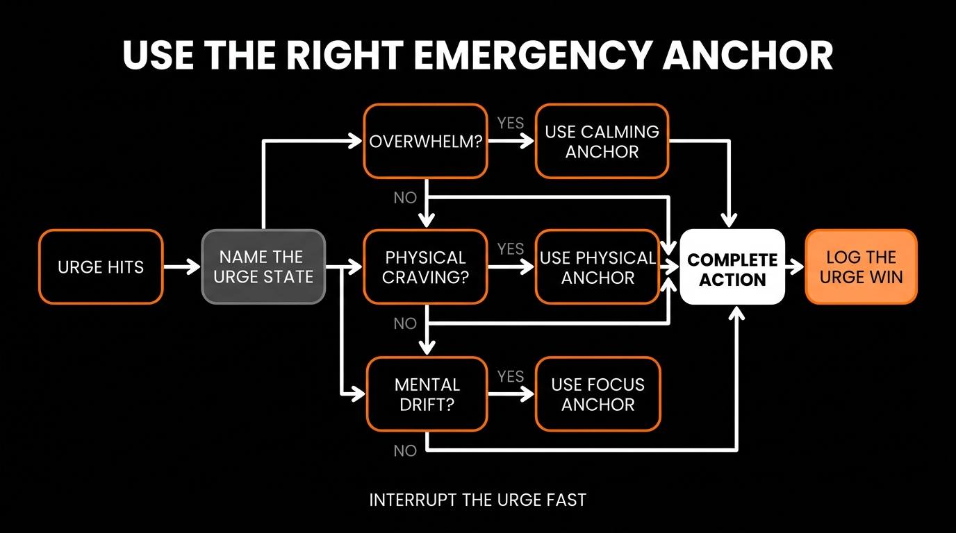 Decision flowchart showing how a man uses the MenTools Quit Porn Protocol to respond to an urge: identifying the urge state, selecting the appropriate Emergency Anchor category, completing the action, and logging the urge win