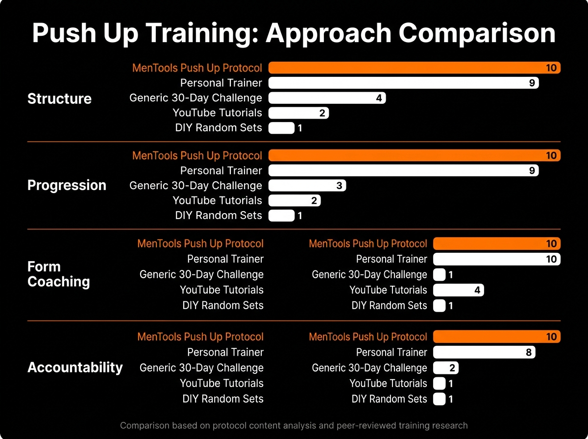 Comparison chart showing MenTools Push Up Protocol versus DIY sets, YouTube tutorials, 30-day challenges, and coaching alternatives across five criteria including structure, progression, form coaching, and accountability