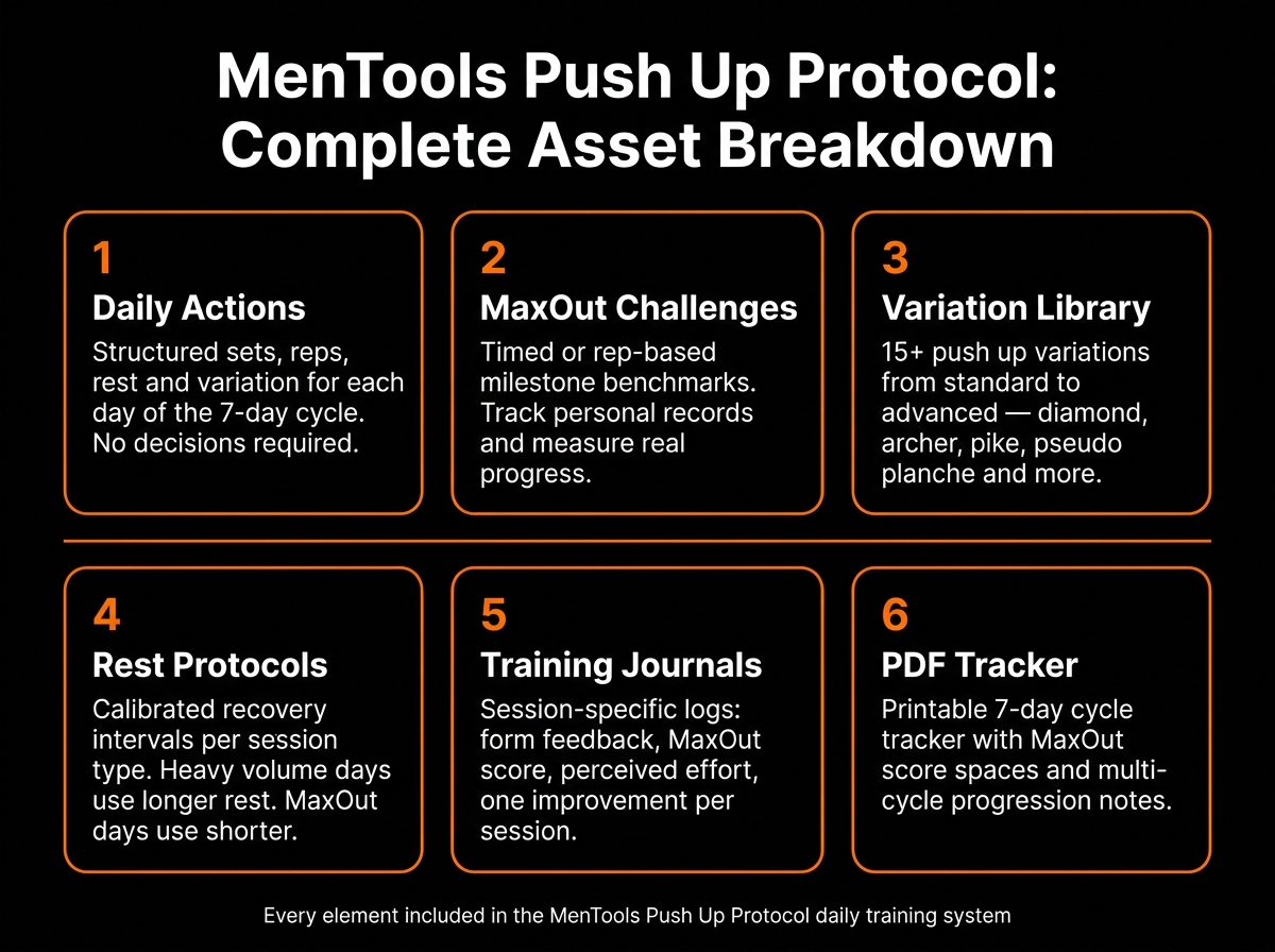 Visual breakdown of Push Up Protocol components including daily actions, MaxOut challenges, variation library, timed rest protocols, training journals, and printable PDF tracker across a 7-day cycle