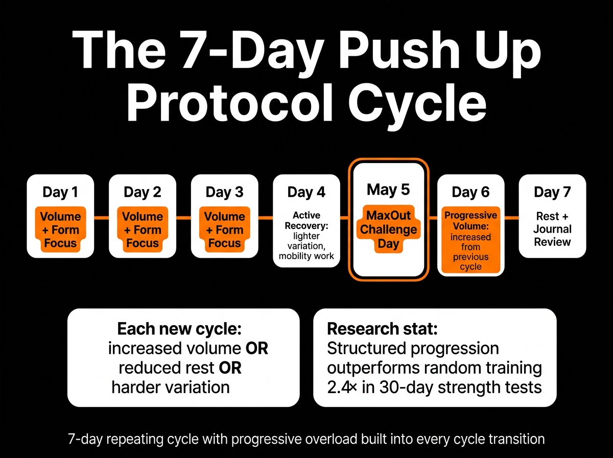 Weekly training cycle diagram showing Day 1-3 volume training with form focus, Day 4 active recovery, Day 5 MaxOut challenge, Day 6 progressive volume, Day 7 rest and journal review for the MenTools Push Up Protocol