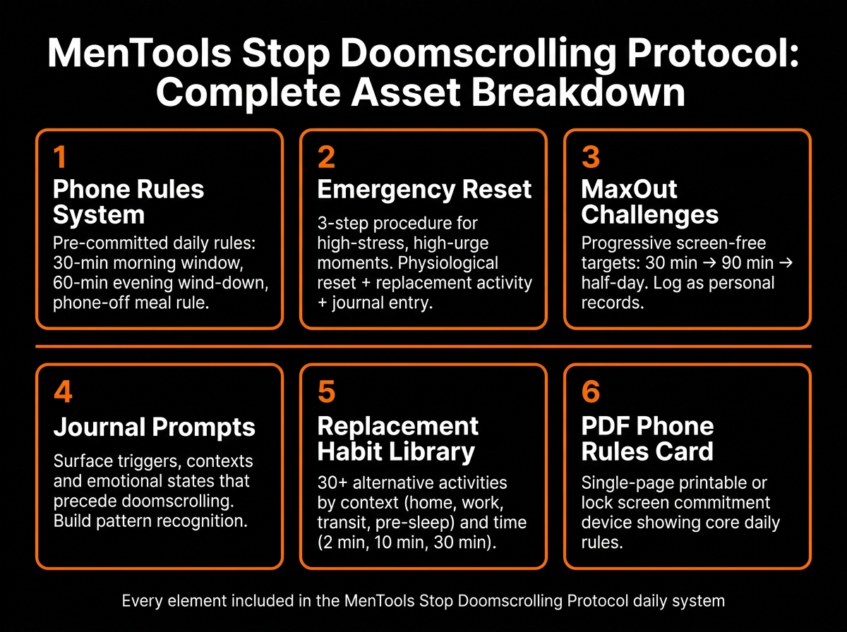 Visual breakdown of Stop Doomscrolling Protocol components including morning phone-off window, timed access rules, emergency reset steps, MaxOut attention challenges, journal accountability prompts, replacement habit library, and printable PDF card