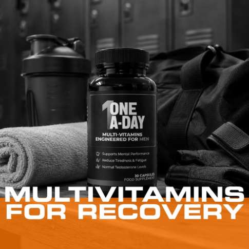 One A-Day multivitamins for recovery shown with gym towel, shaker, and bag