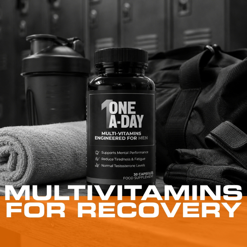 One A-Day multivitamins for recovery shown with gym towel, shaker, and bag