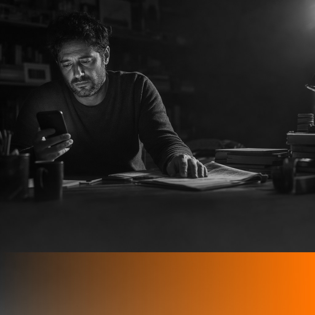 MenTools blog feature image for Doomscrolling vs Checking the News: What's Healthy for Men? — black and white photograph with orange MenTools overlay