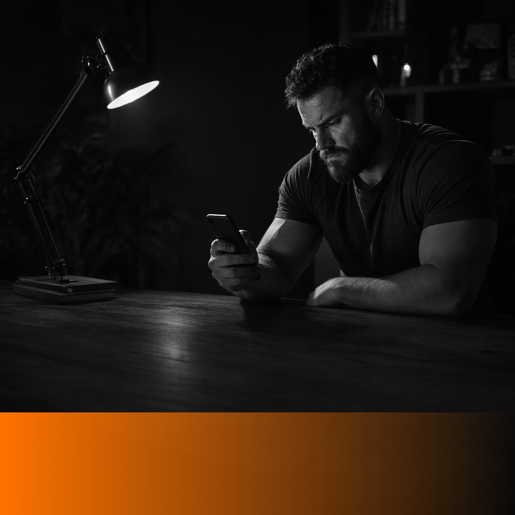 MenTools blog feature image for How Much Scrolling Is Too Much? A Science-Based Guide for Men — black and white photograph with orange MenTools overlay