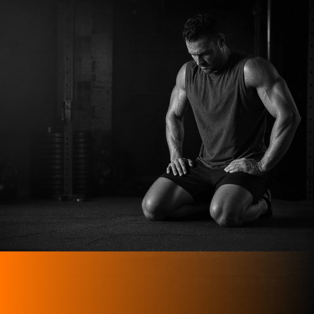 MenTools blog feature image for Why Can't I Progress at Push-Ups? What Research Shows About Strength Plateaus in Men — black and white photograph with orange MenTools overlay