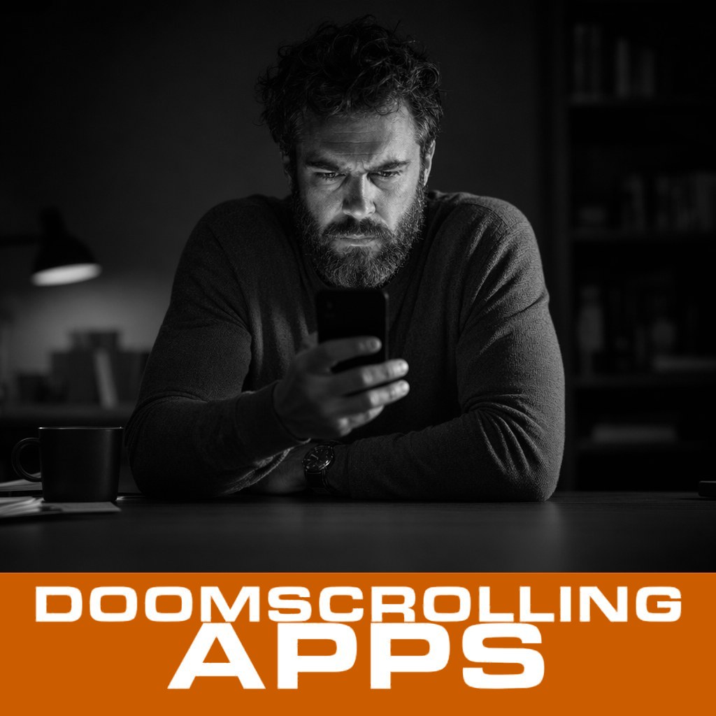 MenTools DOOMSCROLLING APPS feature image — black and white photo with orange MenTools overlay band