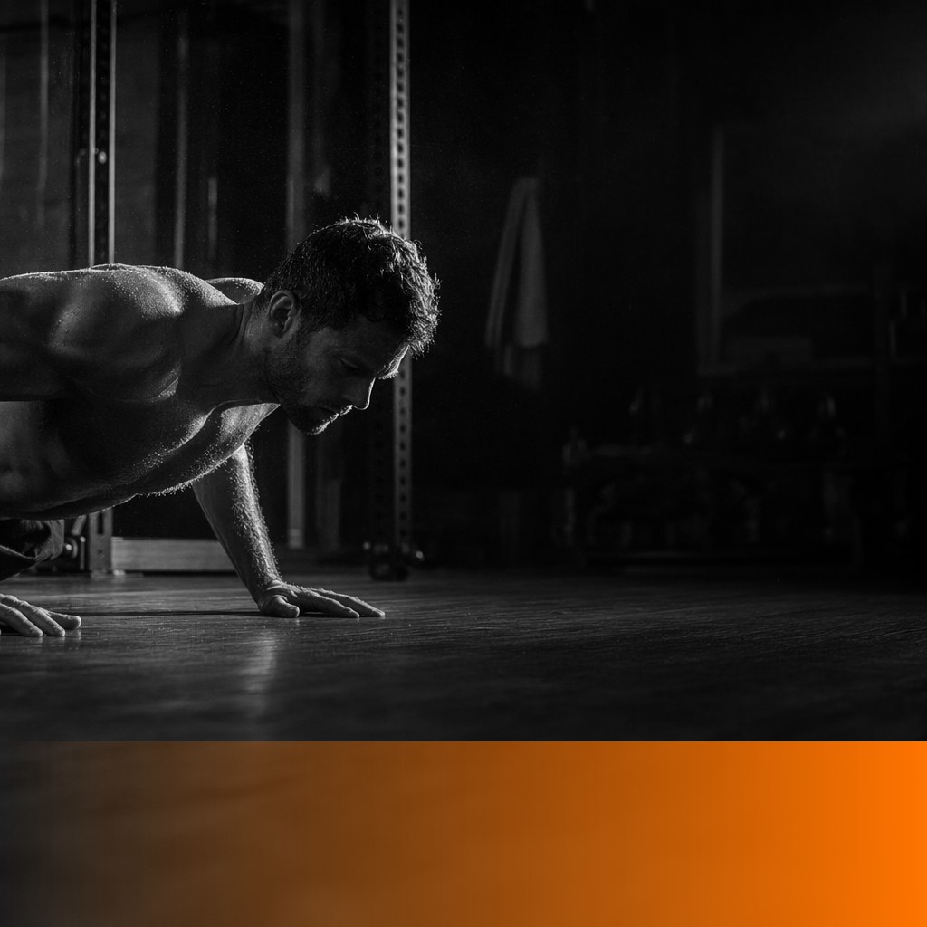 MenTools blog feature image for 7 Best Push-Up Apps for Men — black and white photograph with orange MenTools overlay