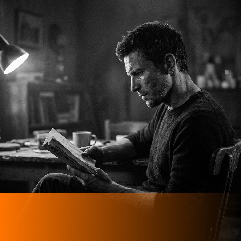 MenTools feature image for 10 books every man should read, cinematic black and white photograph of a focused man reading in dramatic low light with orange fade