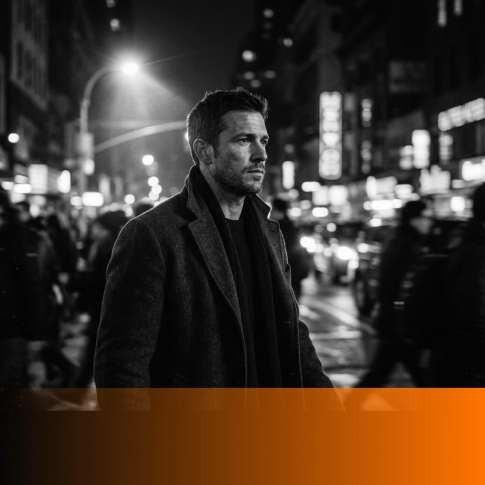 MenTools feature image for confidence habits for men, cinematic black and white photograph of a self-assured man walking through a busy city at night with orange fade