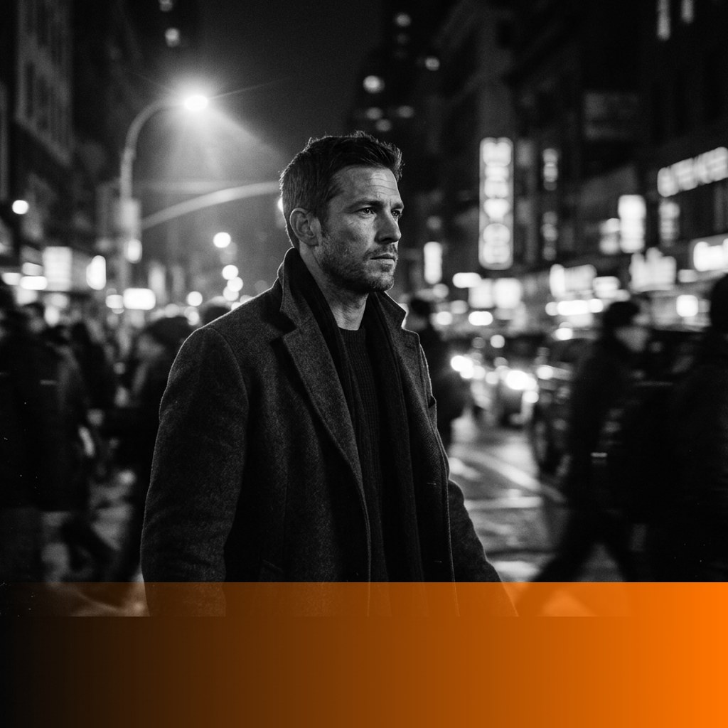 MenTools feature image for confidence habits for men, cinematic black and white photograph of a self-assured man walking through a busy city at night with orange fade