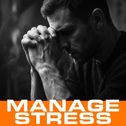MenTools feature image for how to manage stress for men, cinematic black and white close-up of a fit man with clasped hands and lowered head under dramatic light, orange MANAGE STRESS band