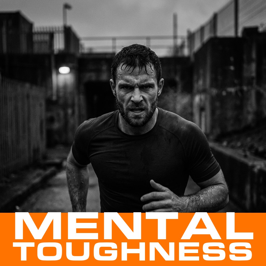 MenTools feature image for how to build mental toughness, black and white photograph of a determined man mid training in a gritty setting with orange MenTools title band