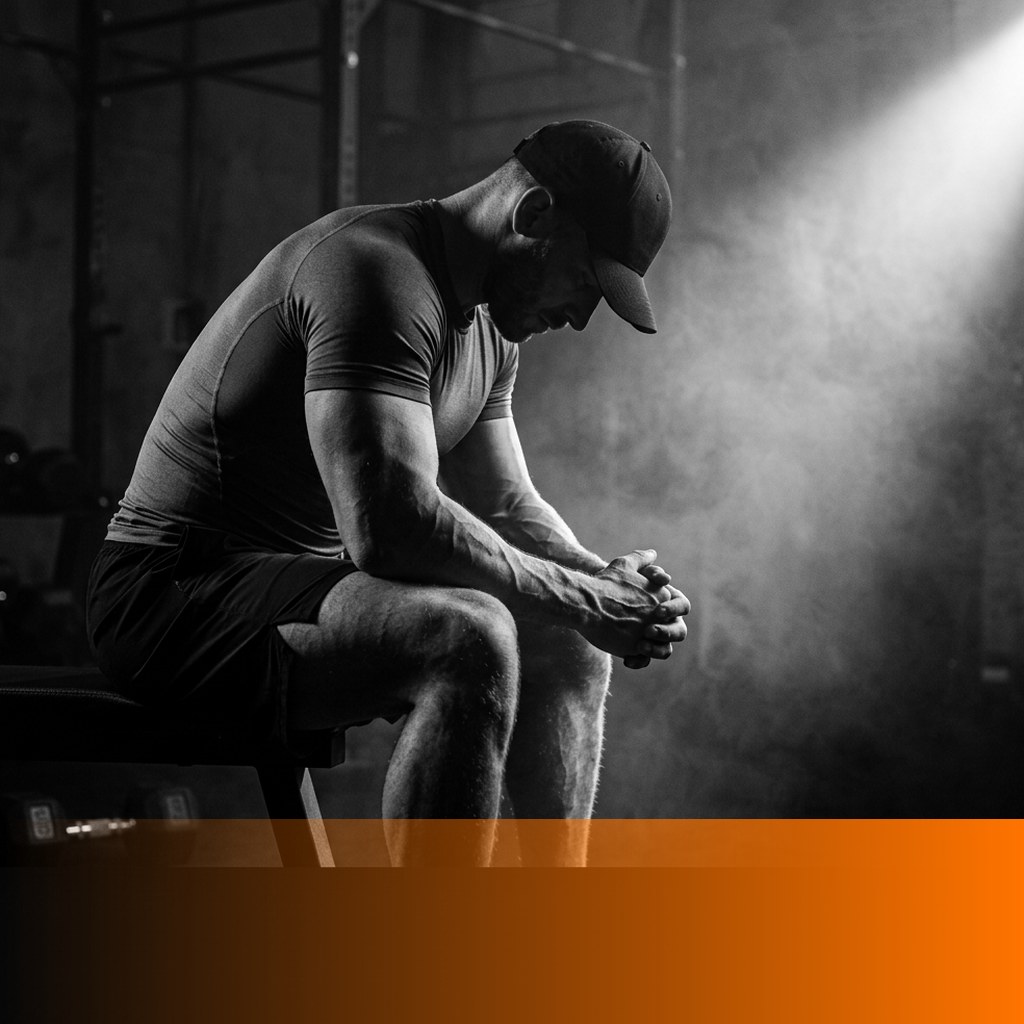 MenTools feature image for how to stay motivated as a man, cinematic black and white photograph of a fit man gathering himself in a dark gym under a dramatic light beam through haze, orange fade