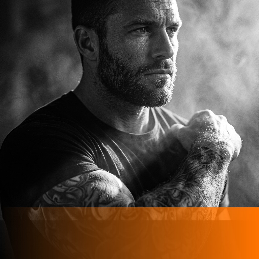 MenTools feature image for confidence vs arrogance for men, tight black and white portrait of a composed self-assured man in dramatic side light with orange fade