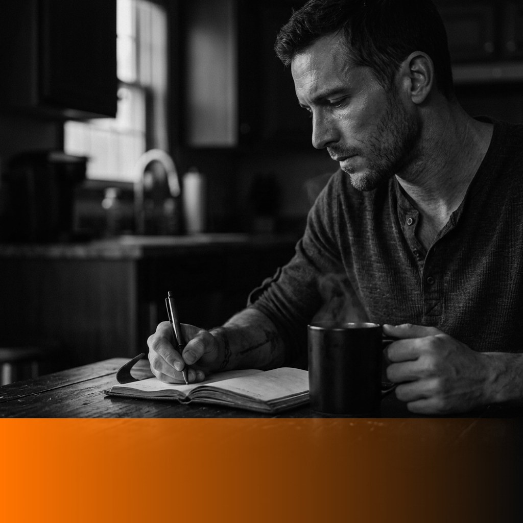 MenTools blog feature image for how long it takes to build a habit, black and white photograph of a man at a kitchen table with coffee, orange MenTools overlay band