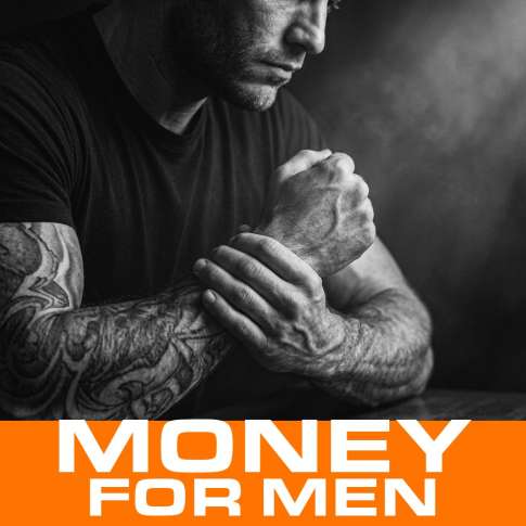 MenTools blog feature image for money for men, black and white close-up photograph of a man's hands and forearms in low light, orange MenTools overlay band reading Money For Men