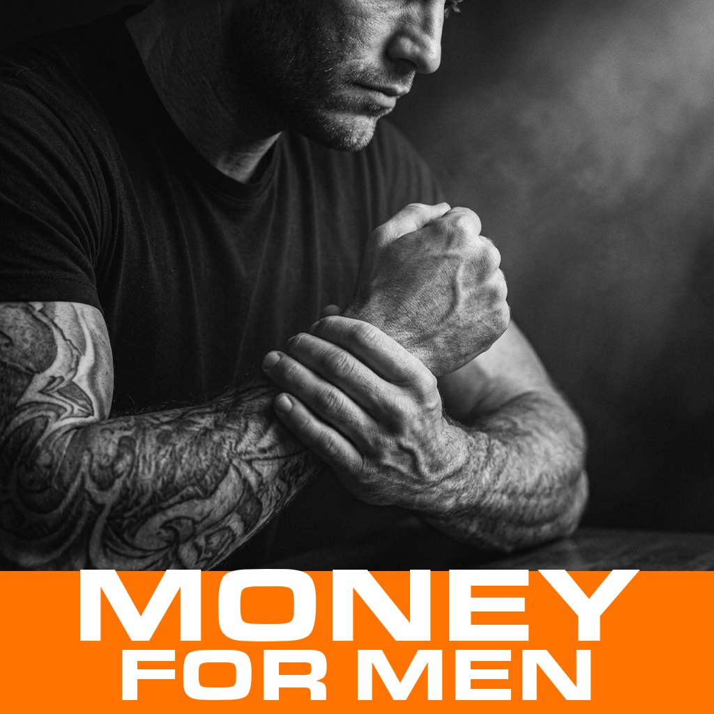 MenTools blog feature image for money for men, black and white close-up photograph of a man's hands and forearms in low light, orange MenTools overlay band reading Money For Men