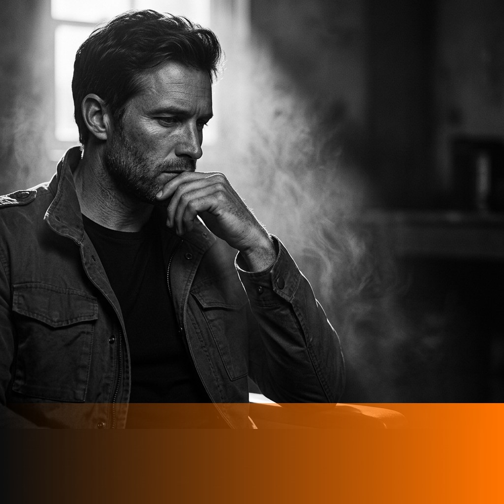MenTools blog feature image for money habits for men, black and white photograph of a man seated by a window with his hand against his jaw, orange MenTools overlay band