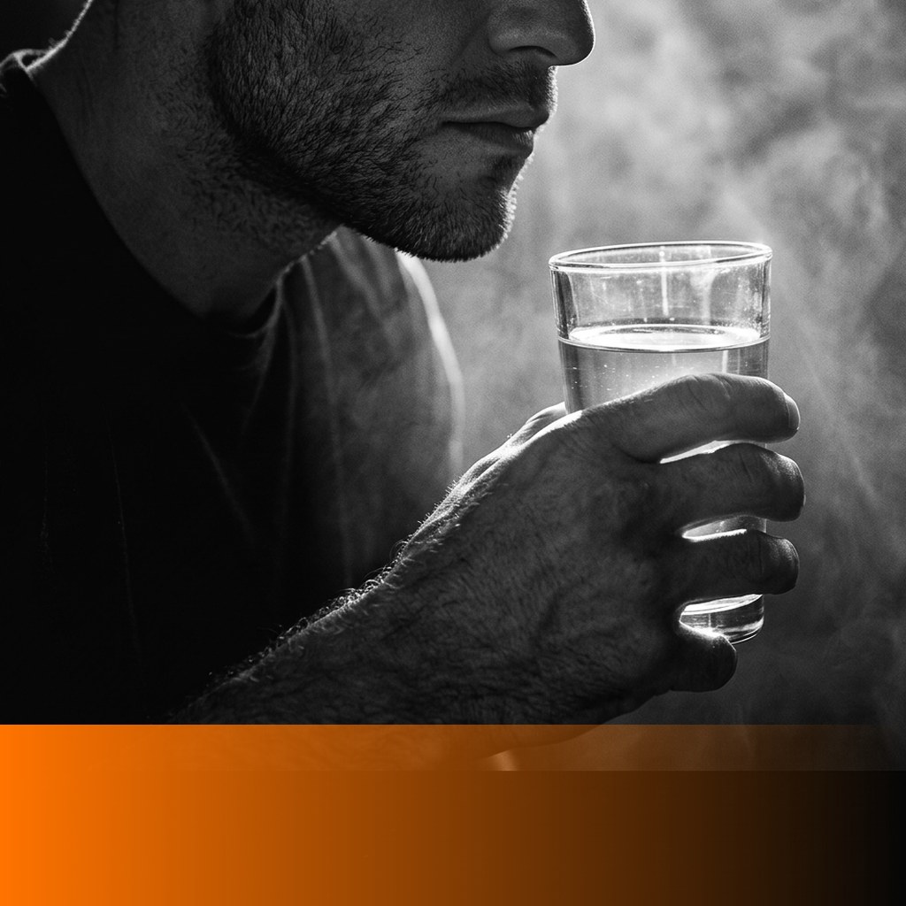 MenTools blog feature image for MEN: 8 Simple Nutrition Habits for Busy Men, black and white photograph with orange MenTools overlay