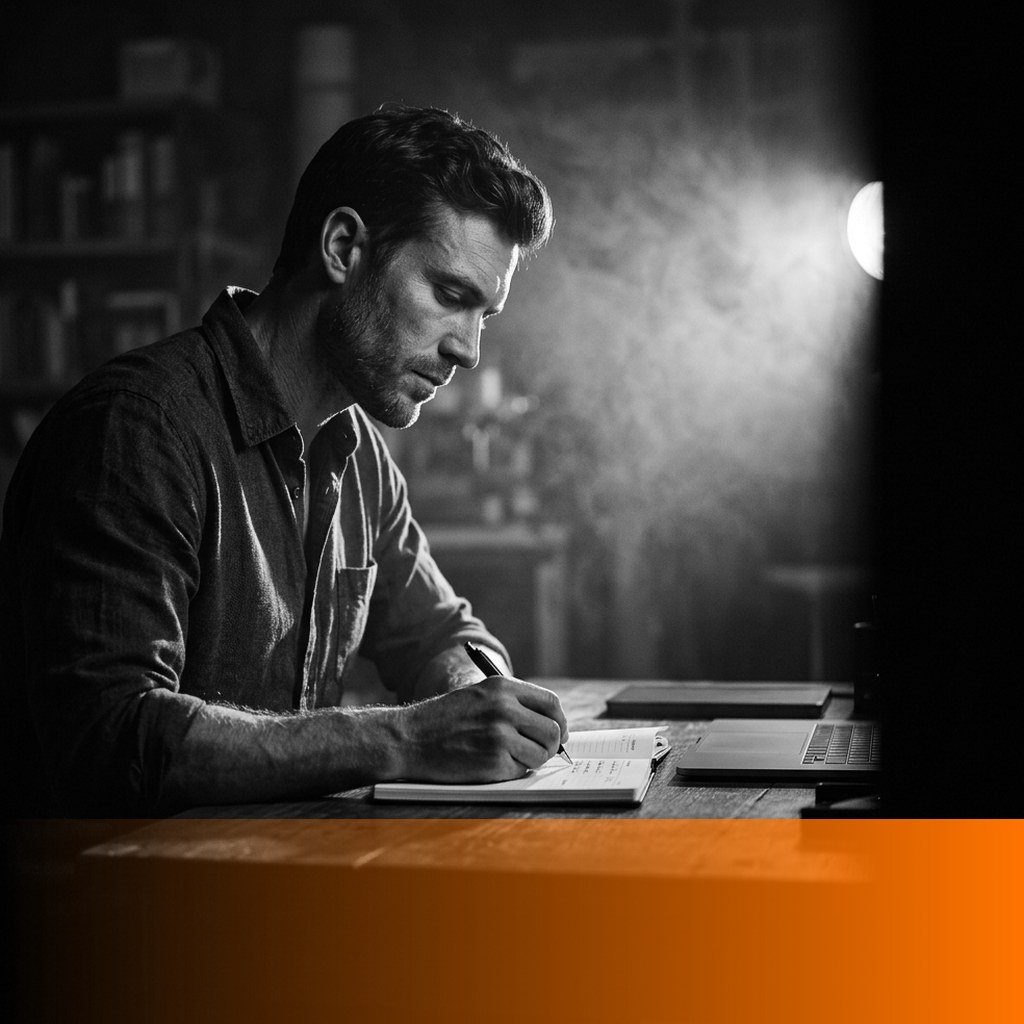 MenTools blog feature image for MEN: Time Blocking vs To-Do Lists: What Works Better for Men?, black and white photograph with orange MenTools overlay
