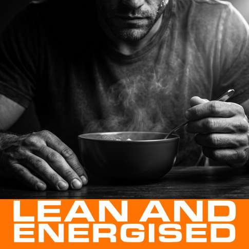 MenTools blog feature image for MEN: What Should Men Eat to Stay Lean and Energised?, black and white photograph with orange MenTools overlay