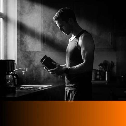 Black and white photograph of a man in a kitchen in early morning light reading the label on a plain supplement tub, with an orange MenTools band across the lower edge