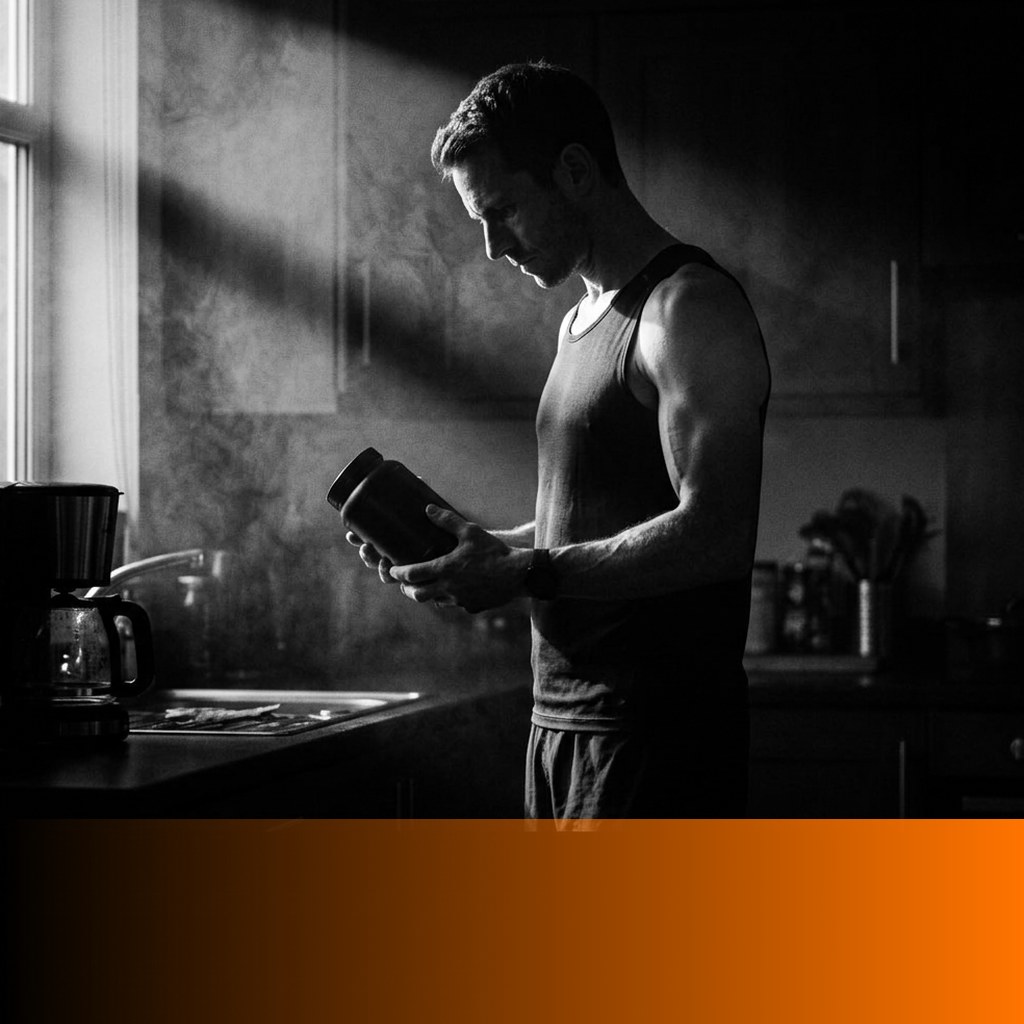 Black and white photograph of a man in a kitchen in early morning light reading the label on a plain supplement tub, with an orange MenTools band across the lower edge