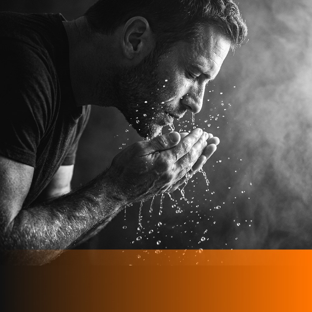 MenTools blog feature image for do vagus nerve exercises actually work, black and white photograph of a man splashing cold water onto his lowered face, with orange MenTools overlay
