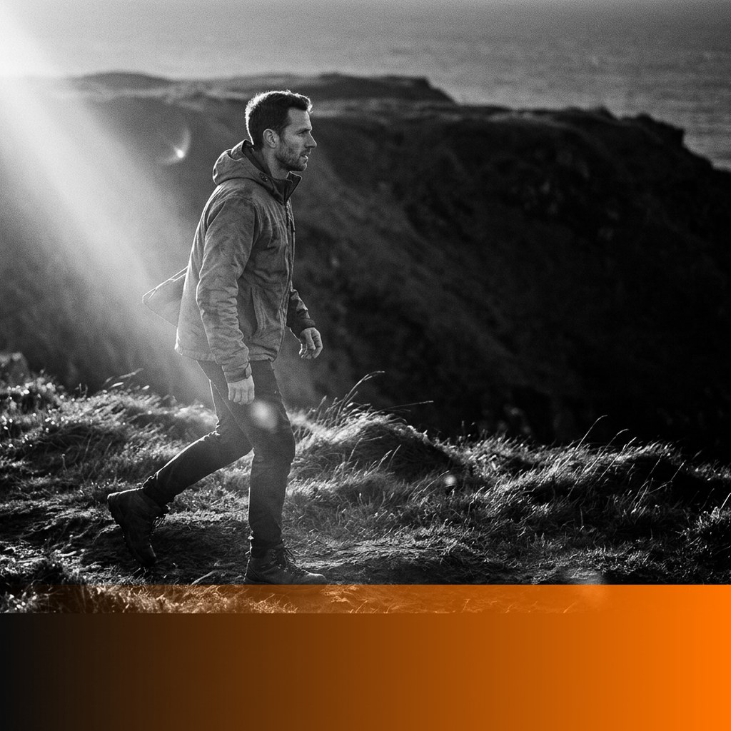 MenTools blog feature image for MEN: 8 Habits That Actually Make Men Happier, black and white photograph with orange MenTools overlay