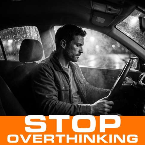MenTools blog feature image for MEN: How to Stop Overthinking as a Man: 7 Practical Ways, black and white photograph with orange MenTools overlay