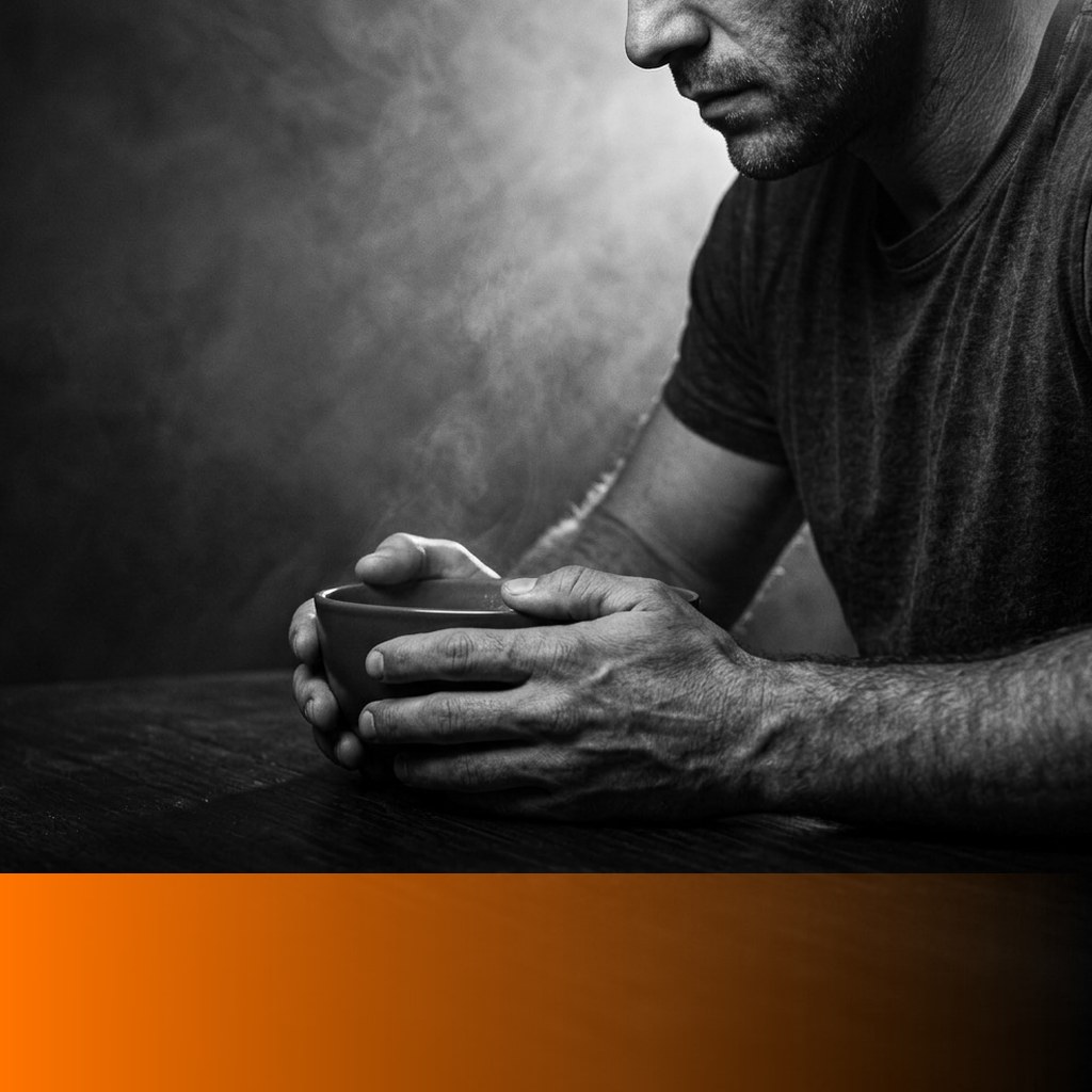 MenTools blog feature image for meal prep versus eating out for busy men, black and white close-up photograph of a man's hands around a bowl at a dark table, orange MenTools overlay band