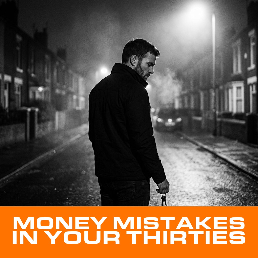 MenTools blog feature image for MEN: 7 Money Mistakes Men Make in Their 30s, black and white photograph with orange MenTools overlay