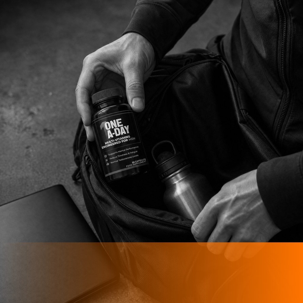 MenTools One-A-Day multivitamin bottle being packed into a work bag beside a steel water bottle