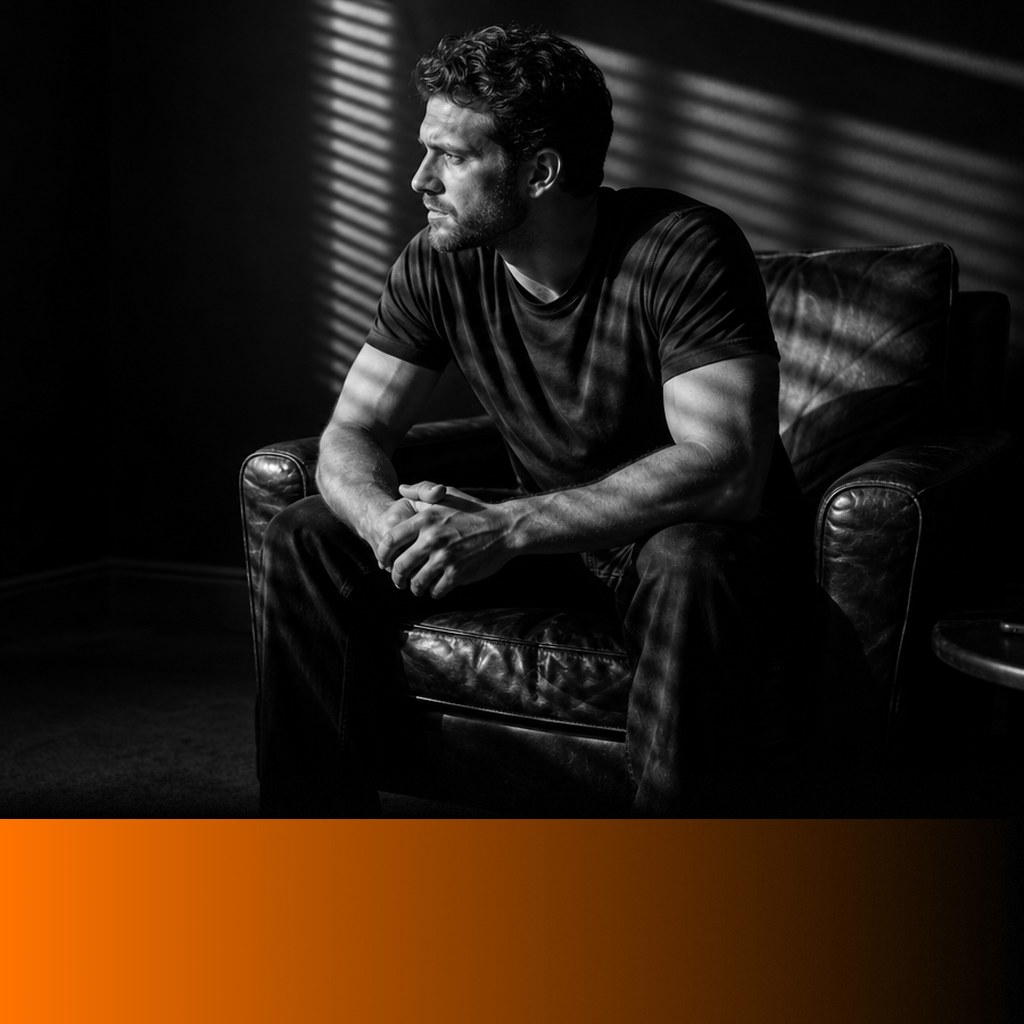 Black and white photo of a fit man around thirty sitting forward in a leather armchair in slatted window light, looking out of the window, his phone face down and ignored on a side table
