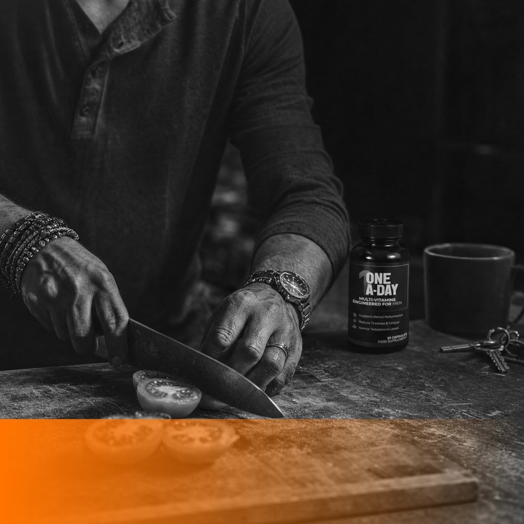 MenTools One-A-Day multivitamin bottle beside a coffee mug and keys on a kitchen counter while a man slices tomatoes