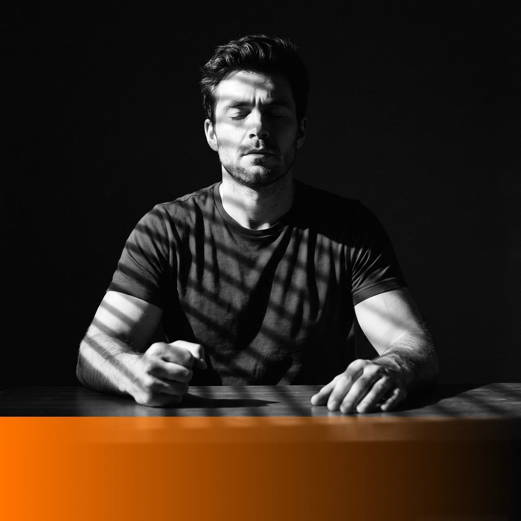 Man sitting at a table in a dark room with eyes closed, taking a slow breath to steady himself