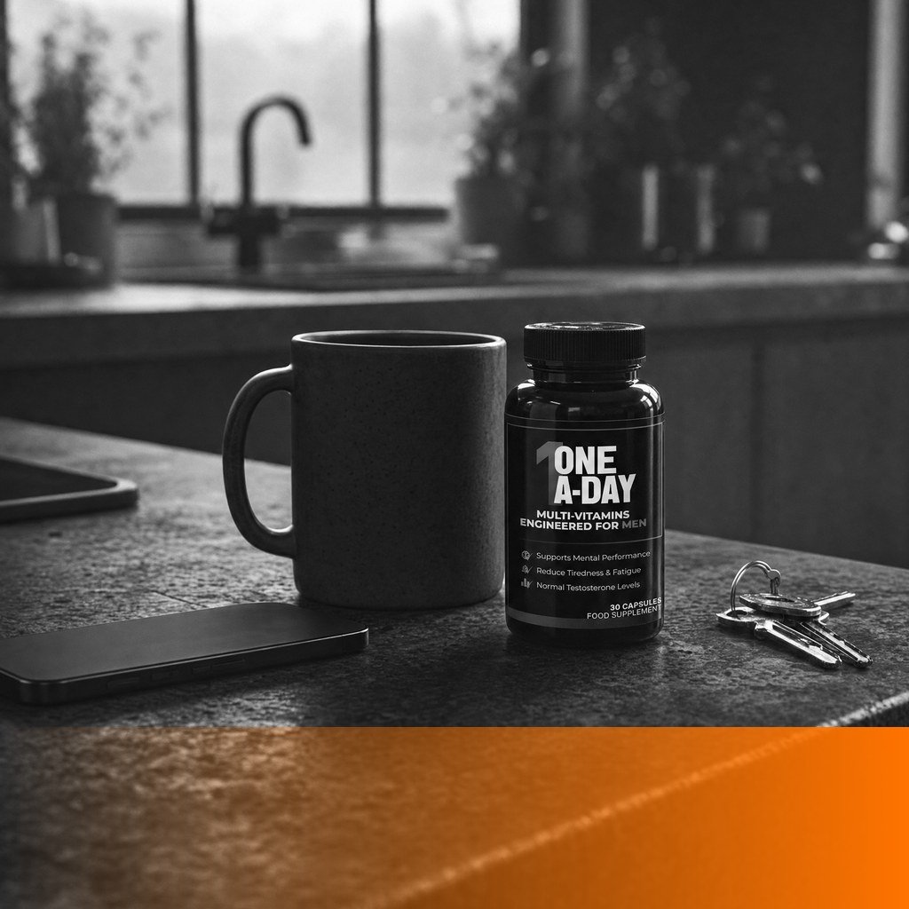 MenTools One-A-Day multivitamin bottle beside a morning coffee mug on a kitchen counter