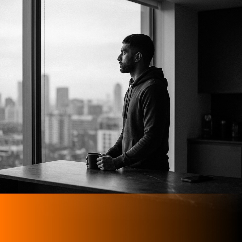MenTools feature image, a man in a hoodie stands at a kitchen counter by a city window at dawn with his phone face down out of reach, for a post on phone-free hours vs app blockers