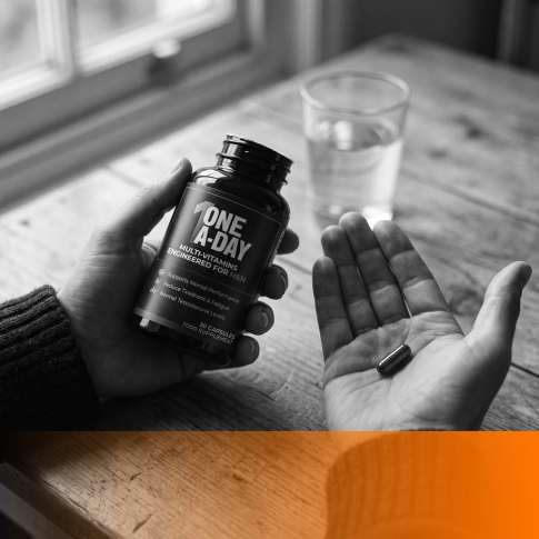 Man holding a MenTools One-A-Day multivitamin bottle with one capsule in his palm at a kitchen table on a grey winter morning