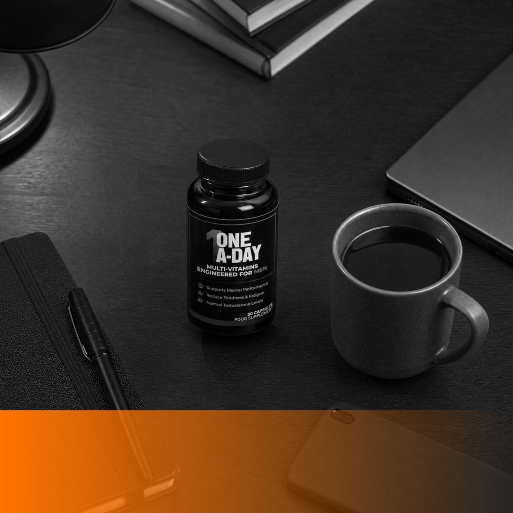 MenTools One-A-Day multivitamin bottle on a desk beside a mug of black coffee and a notebook